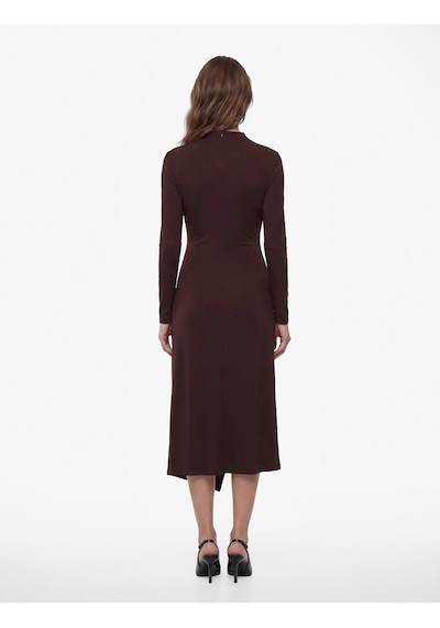 Koton Koton X Sibil Çetinkaya - Uzun Kollu Dik Yaka Metal Aksesuarlı Slim Fit Maxi Elbise Kahverengi 7wak80008fk Kahve