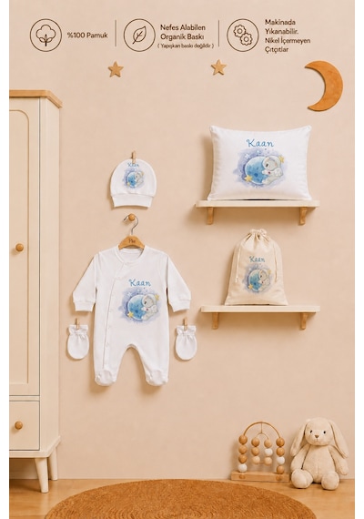 Pia Baby İsme Özel Hastane Çıkışı %100 Pamuk Erkek Bebek Organik Baskılı Tulum Set Keseli Hediyelik 2093tybkyx Krem