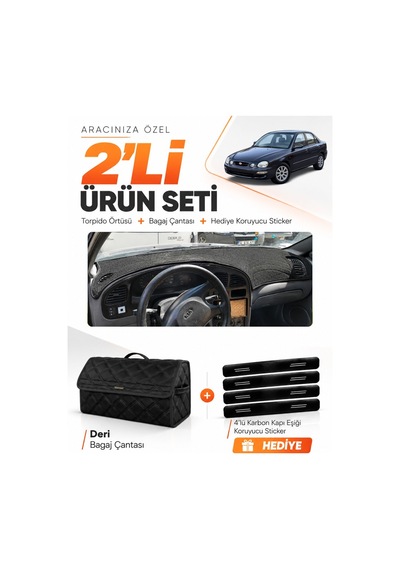 Kia Shuma 1995-2003 Uyumlu Torpido Örtüsü + Deri Bagaj Çantası + Sticker Seti - Siyah