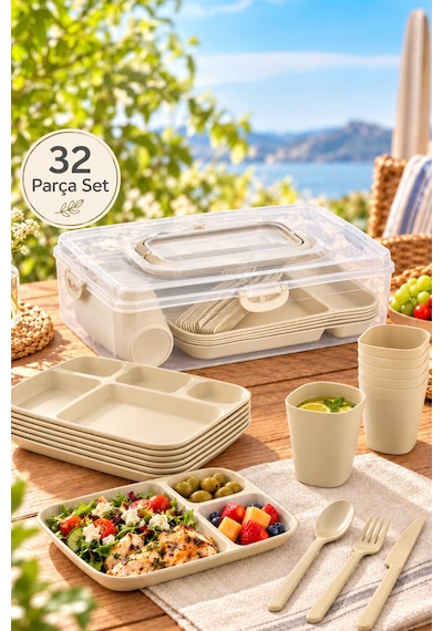 Porsima Ac-101 32 Parça 6 Kişilik Pratik Taşınabilir Piknik Seti - Saklama Kutulu Piknik Sepeti Krem