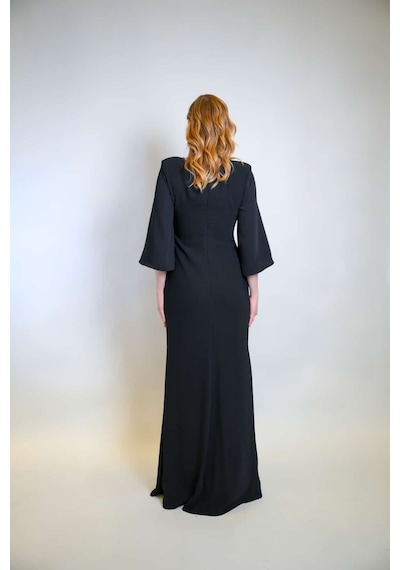 Crystalia Hazel Dress Krep Kumaş Taş İşlemeli - Siyah Siyah