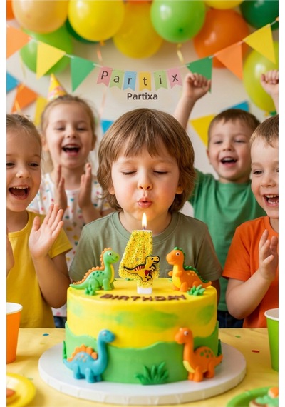 Dinozor Figürlü Sarı Simli Rakam Mum Doğum Günü Pasta Süsü