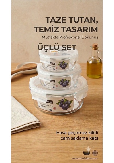 Çemi 3'lü Kilitli Yuvarlak Cam Saklama Kabı Seti Hava Geçirmez Saklama Kabı