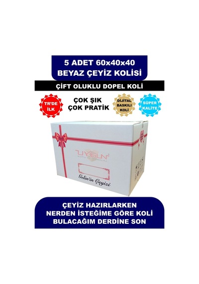 5 Adet 60x40x40 Kurdale Baskılı Beyaz Çeyiz Kolisi, İsim Yazma Alanı Renkli Baskı, Çift Oluklu