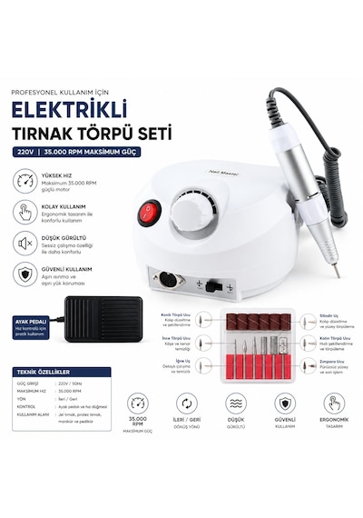 Elektirikli Törpü Makinesi Profesyonel Manikür Protez Tırnak Törpü Ayak Pedallı 6 Uçlu 6 Zımparalı