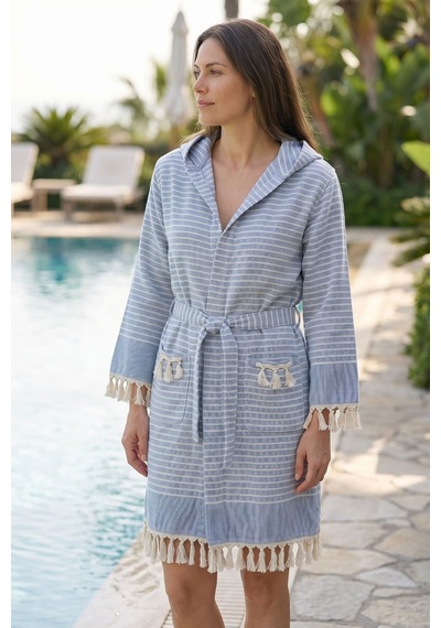 Kapşonlu Unisex Peştemal Plaj Bornozu %100 Pamuklu Seaside Stripe Mavi