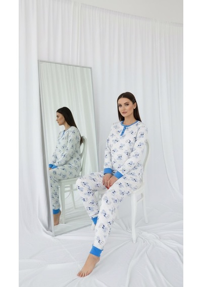 Divinus Tavşan Desenli Patlı Beyaz/mavi Kadın Pijama Takımı Beyaz - Mavi