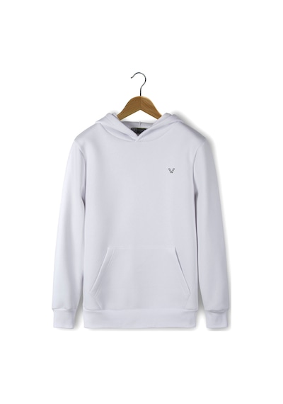 Unisex Beyaz Göğsü Logo Baskılı Kalın Üç Iplik Şardonlu Kapüşonlu Hoodie Sweatshirt Beyaz