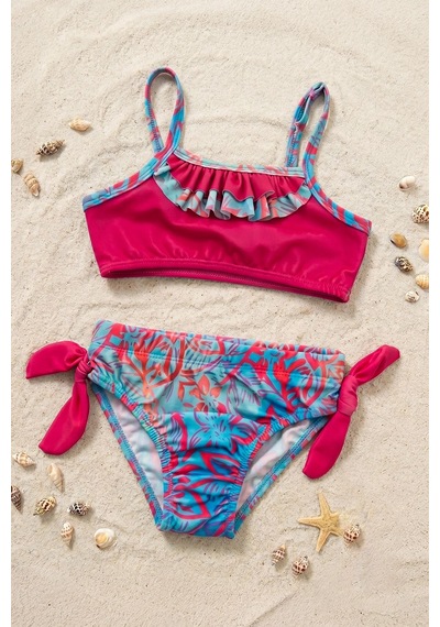 Zuzunga Kız Çocuk Renkli Tropik Desen Bikini Takımı Fuşya-mavi