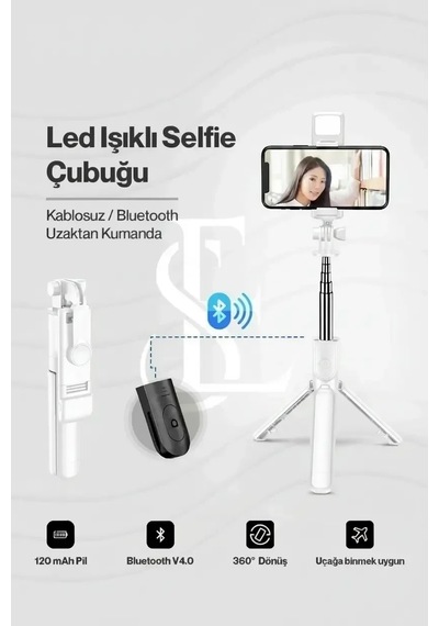 Ers Led Işıklı Selfie Çubuğu Bluetooth Kumandalı Kablosuz Tripot Selfie Monopod Selfie Stick Beyaz