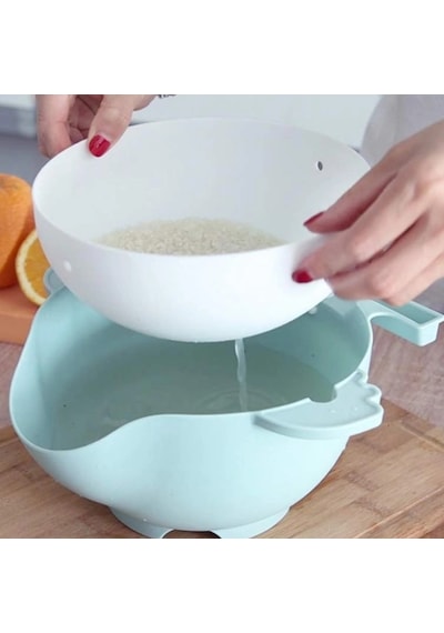 Çok Fonksiyonlu Salata Aparatı - Süzgeçli Doğrayıcı Kase Açık Mavi