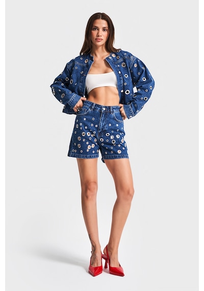 it's basic Kadın Mavi Renk 1s5-5 Kuş Gözü Detaylı Midi Boy %100 Koton Mom Fit Tasarım Denim Şort