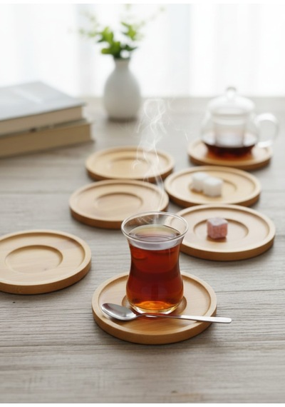 Bambu 6 Lı Çay Tabağı-bambu Ahşap 6'lı Çay Tabağı Ve Sunum Tabağı Açık Kahverengi
