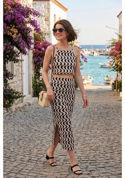 Lela Slim Fit Ip Askılı Yırtmaçlı Bayan Takım 5865278 Siyah-Beyaz