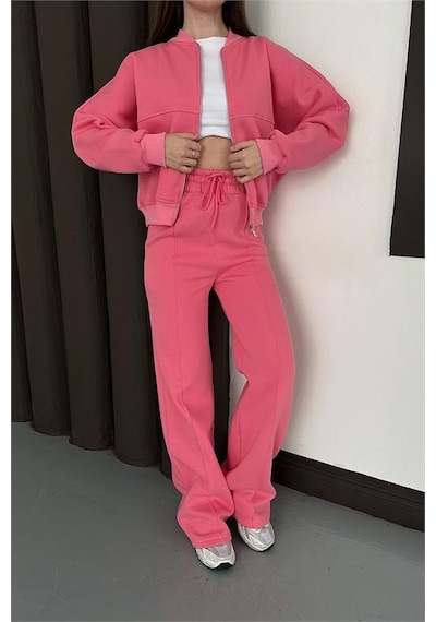 Neşeli Butik Kadın Pembe Fermuarlı 3 İplik Eşofman Takımı Nbesf01 Pembe