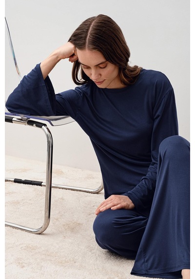 Uzun Kollu Oversize Basic Likralı Viskoz Alt Üst Takım 20210 Lacivert