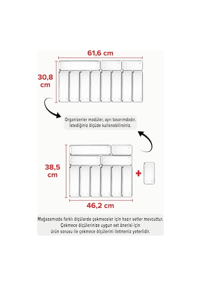 11'li Set Modüler Mutfaklarda Çekmece Içi Kaşıklık Organizer Düzenleyici Şeffaf Şeffaf 40 X 50 Diğer