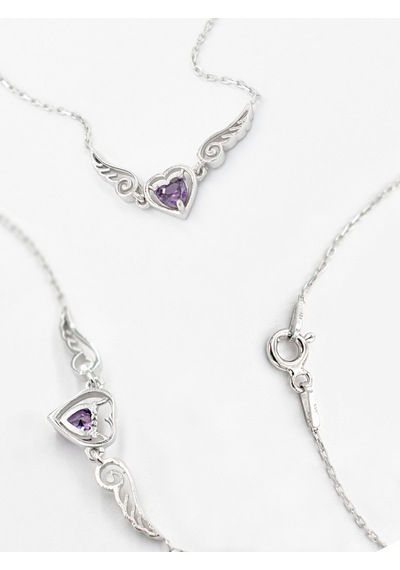 Brezza Lusso Jewelry Ametist Taşlı Melek Kanatlı Minik Kalp Kadın Gümüş Kolye 45 CM