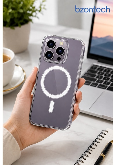 İphone 14 Pro Max Uyumlu Yumuşak Magsafe Kablosuz Şarj Destekli Şeffaf Kılıf Kamera İçin Yükseltilmiş Çerçeve