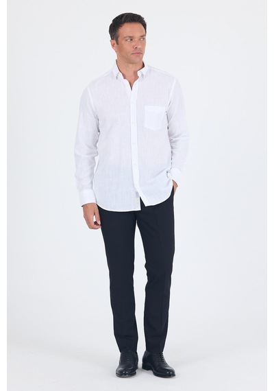 İmza Beyaz Uzun Kol Düz Armür Oval Yaka Casual Comfort Fit Gömlek 1004250249 Beyaz