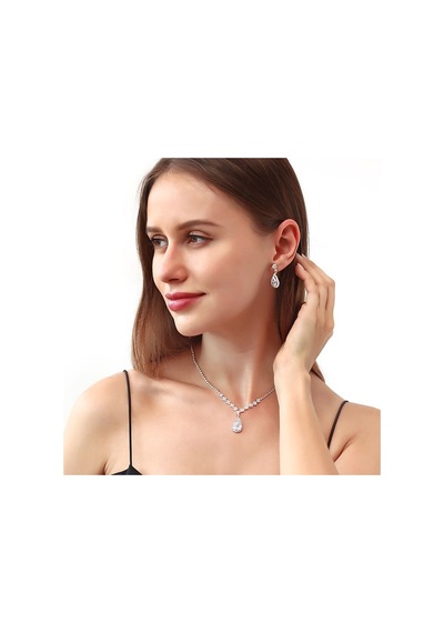 Chavin Düğün Nişan Kına Damla Taşlı Kadın Kolye Küpe Set Eg86 Çok Renkli