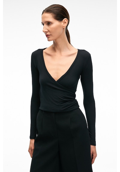 Grımelange CALLORIA Kadın V Yakalı Uzun Kollu Slim Fit Siyah Bluz