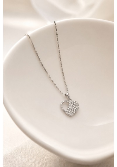 Balenbi Jewelry Kadın Taşlı Kalp Figürlü Gümüş Renk Kararmaz Çelik Kolye 1157