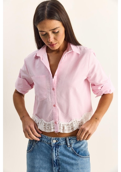 Shade Kadın Dantel Detaylı Çizgili Poplin Crop Gömlek Dg261023 60286099 - Pembe