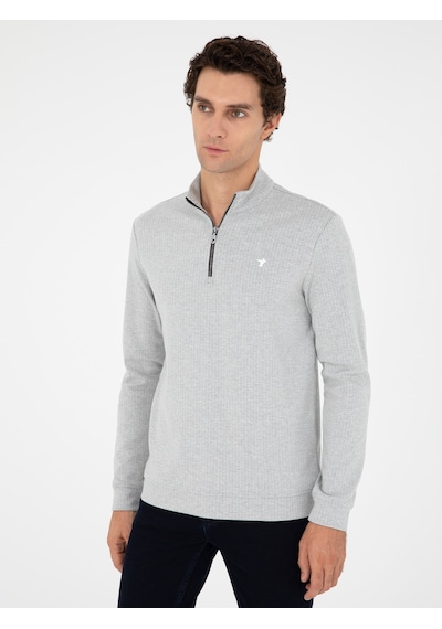 Gri Melanj Regular Fit Pamuk Karışımlı Yarım Fermuarlı Sweatshirt