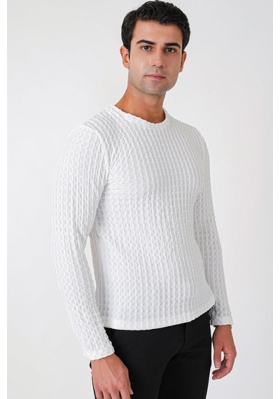 Efor Slim Fit Esnek Pamuklu Dokulu Kumaş Uzun Kollu Ekru Tişört Ts 934