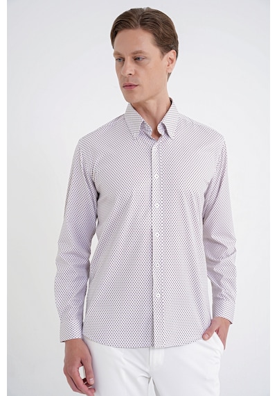 Slim Fit Yaka Düğmeli Baskılı Pamuklu Beyaz Gömlek G 1605