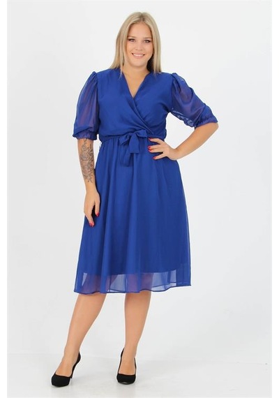 Neşeli Butik Kadın Kruvaze Yaka Midi Boy Büyük Beden Şifon Elbise Nb8062 Saks