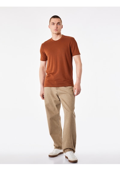 Koton Bisiklet Yaka Viskon Karışımlı Kısa Kollu Basic Slim Fit Tişört Kiremit 6sam10285mk
