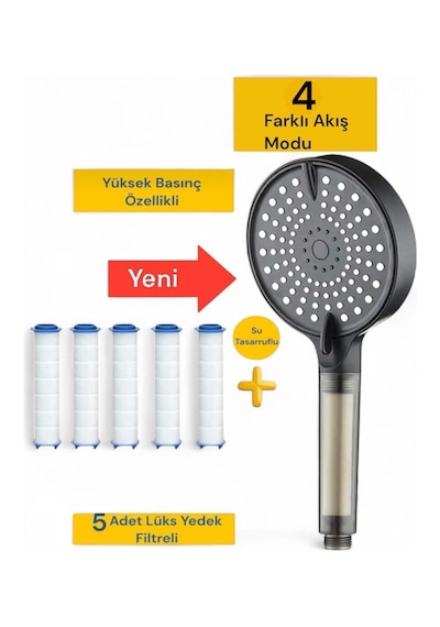 5 Adet Yedek Filtreli Su Tasarruflu Kireç Önleyici Özellikli Yüksek Basınçlı Duş Başlığı Siyah