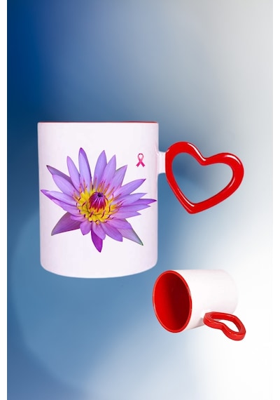 Lotus Çiçeği Baskılı Kalpli Kırmızı Kupa Bardak Çay Kahve Fincanı Beyaz
