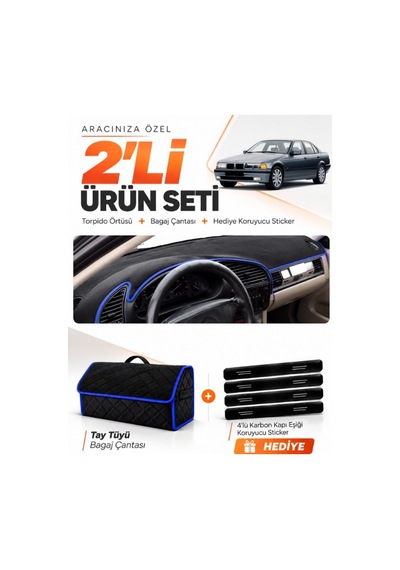 E-biz Bmw E36 1990-2000 Uyumlu Torpido Örtüsü + Tay Tüyü Bagaj Çantası Seti - Siyah-mavi - Bm001