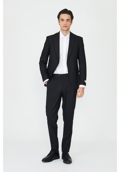 Siyah İnce Çizgili Modern Slim Fit Klasik Yaka Takım Elbise Desenli