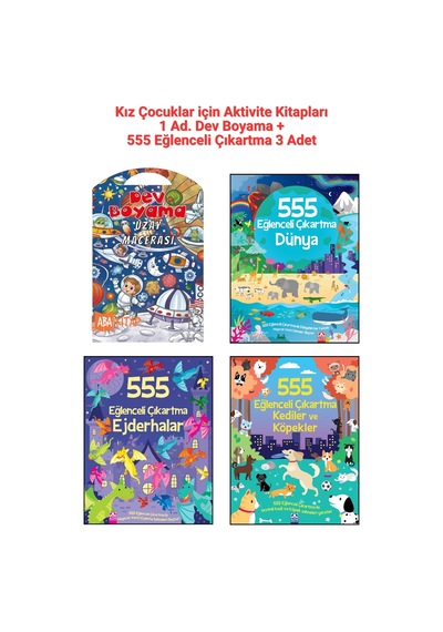 1 Ad. Dev Boyama + Kız Çocuklar İçin 555 Eğlenceli Çıkartma Seti 3 Ad.- Dünya, Ejderhalar, Kediler Ve Köpekler