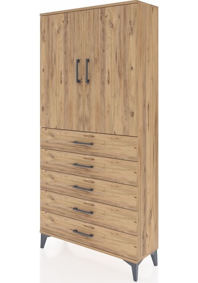 Arges Dolap Tek Raflı 5 Çekmeceli Tek Askılı 88x30x182 Çam-çam Çam