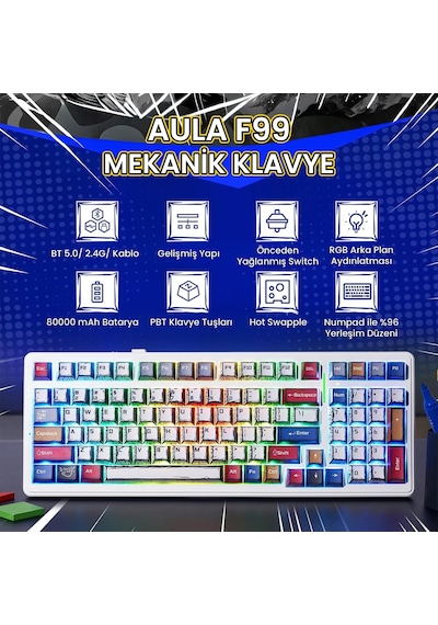 Aula F99 3 Modlu Rgb Hot Swap Mekanik Graywood V3 Switch Kablosuz Makrolu Gaming Klavye Comic