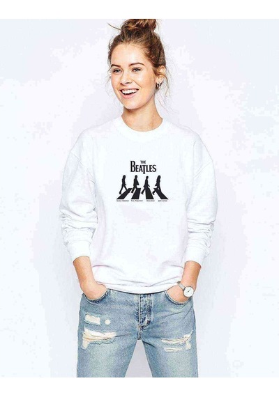 Road The Beatles Logo Müzik Beatles Baskılı Beyaz Kadın Sweatshi
