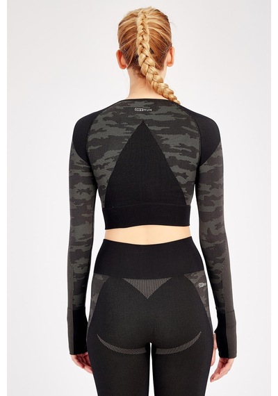 Maraton Active Slimfit Kadın Bisiklet Yaka Uzun Kol Fitness Siyah Crop Top 816013 SIYAH