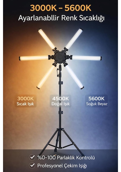 Yıldız Çubuk Led Işık Ürün Çekim Canlı Yayın Tam Profesyonel 2.10cm Trpod Ayak Çekim Işığı Beyaz