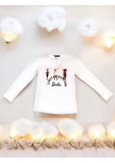 Zekids Kız Çocuk Pamuklu Mevsimlik İnce Uzun Kol Barbie Tshirt-14474 Beyaz