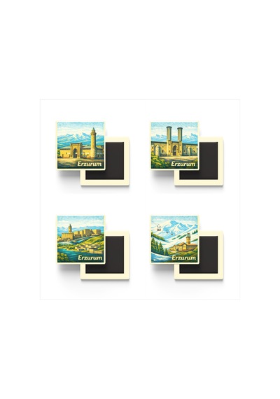 Erzurum - 4'lü Memleket Seti - Baskılı Buzdolap Magneti Kare - 9x9 Cm - 4 Adet