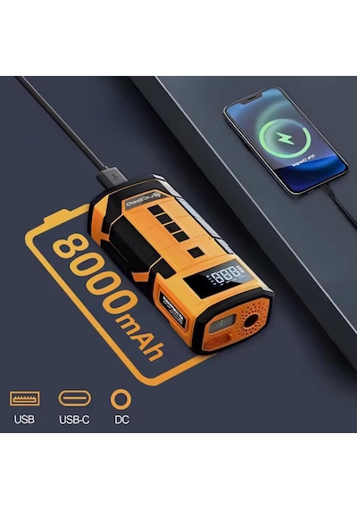 Npo A5577 Kablolu/kablosuz 8000mah Şarjlı Taşınabilir Araç Akü Takviyeli, Powerbank Destekli Reflektör Ledli 5in1 Oto Hava Pompası