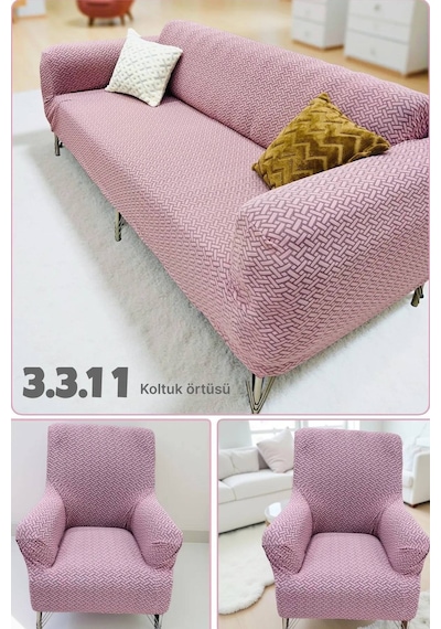 Upmall Tuğla Desen Koltuk Örtüsü Çekyat Kılıfı 3311 Takım Pembe