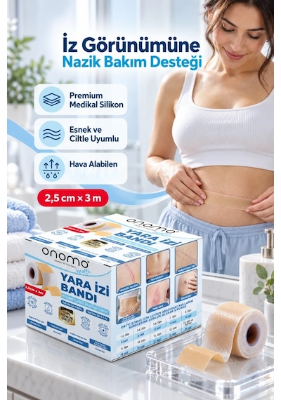 Onomo Health Silikon Yara İzi Bandı Ameliyat İzi Giderici Sezeryan Scar Keloid Yanık 2,5cm X 3m