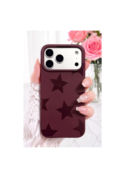 Fibaks iPhone 17 Pro Max Uyumlu Kılıf Bordo Yıldız Star Desenli Silikon Darbe Emici Klasik Silikon Kapak
