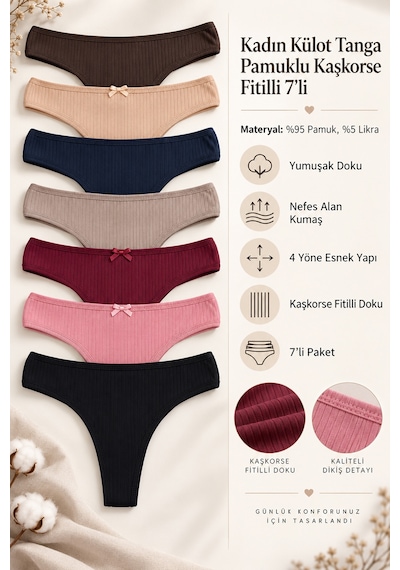 Nicoletta Kadın Külot Tanga String 7 Li Paket Likralı Pamuklu Kaşkorse Fitilli çok Renkli